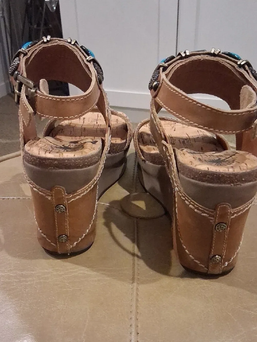 OTBT Wedge Sandals with Turquoise Accents - Tan